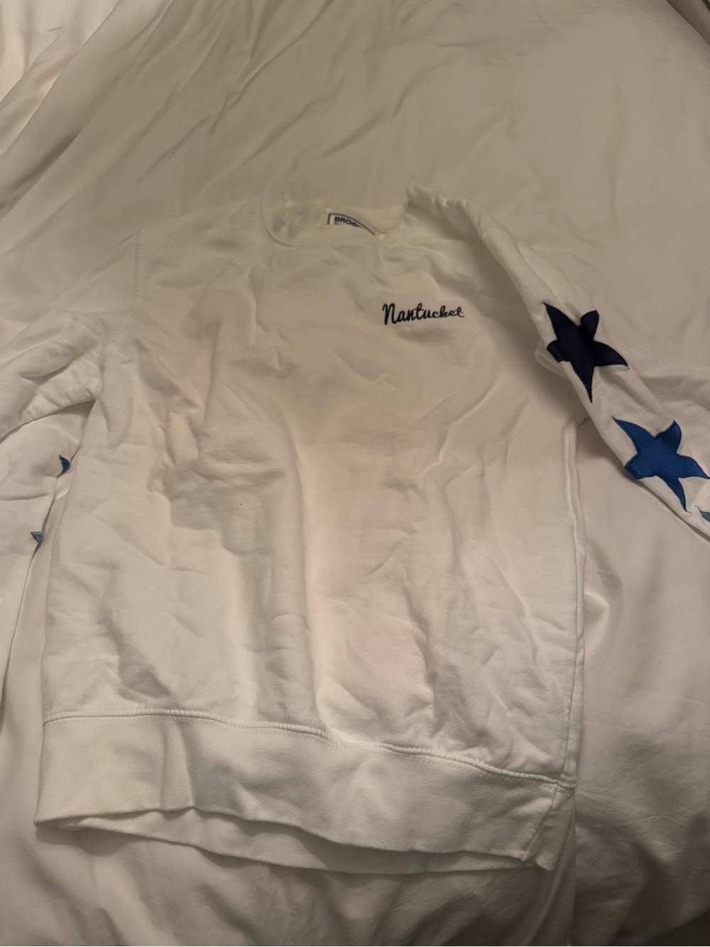 Nantucket White Crewneck Sweatshirt with Blue Star Sleeves